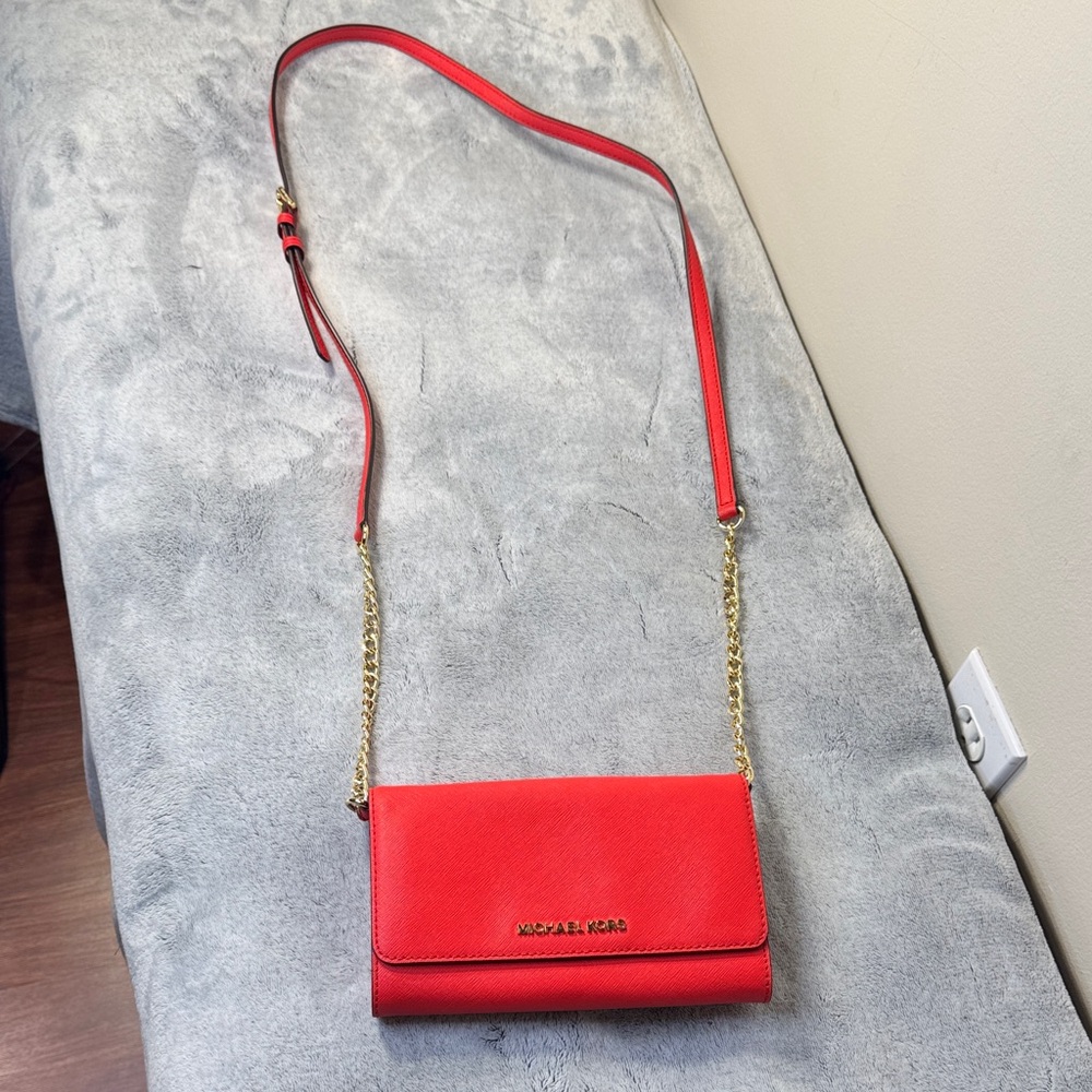 Michael Kors Red Saffiano Leather Wallet on a Chain - Gold Hardware